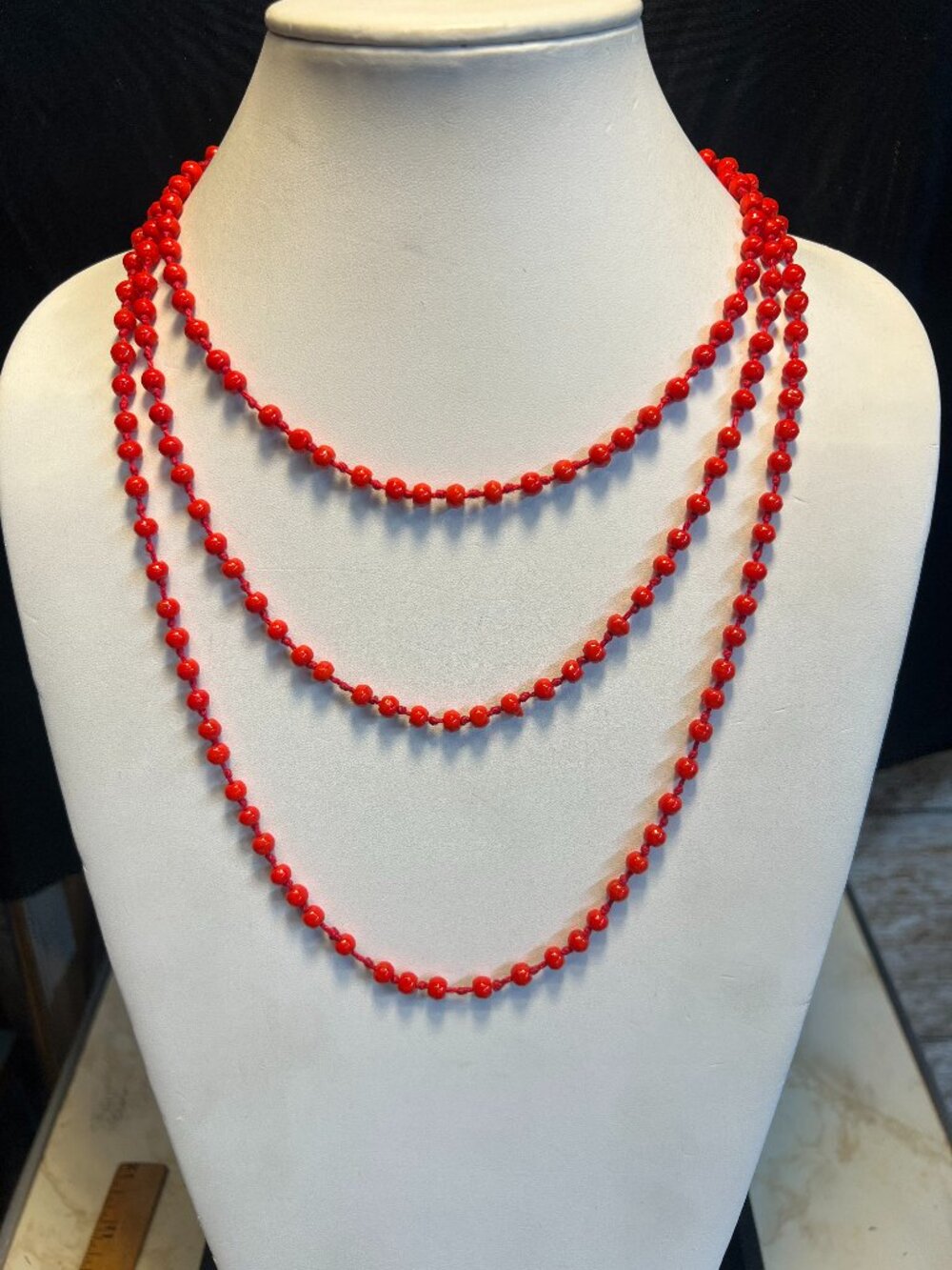 Vintage Red Glass Hand Knotted Necklace, 60+ inches long